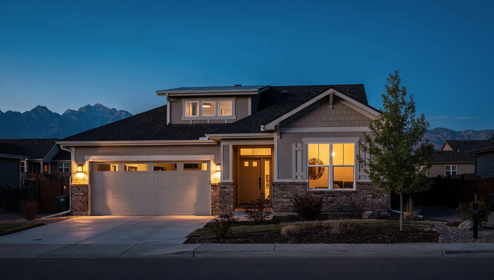 A Colorado Front Range home at dusk with warm lights glowing in every window