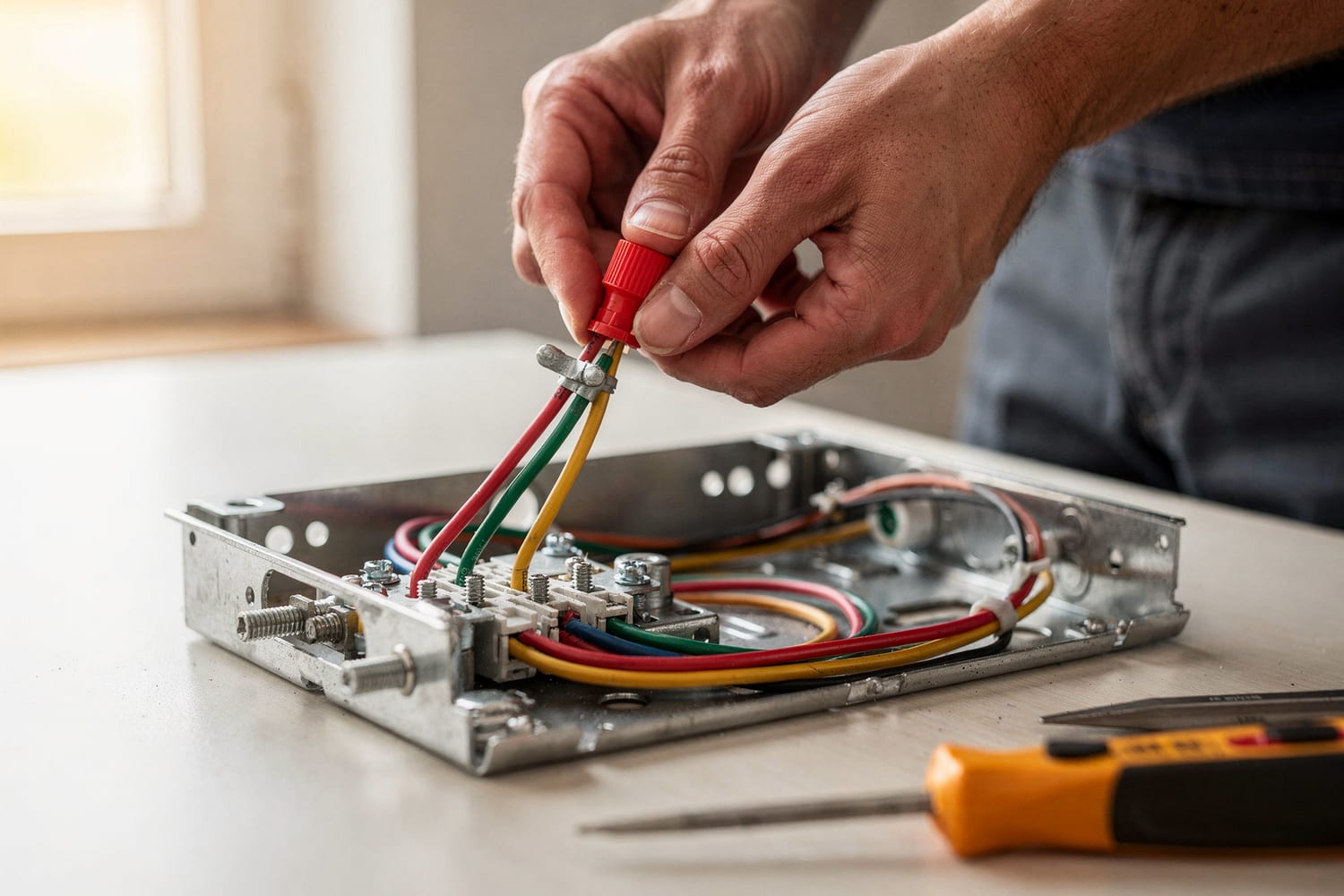 An electrician's hands neatly joining wires with a wire nut inside a junction box