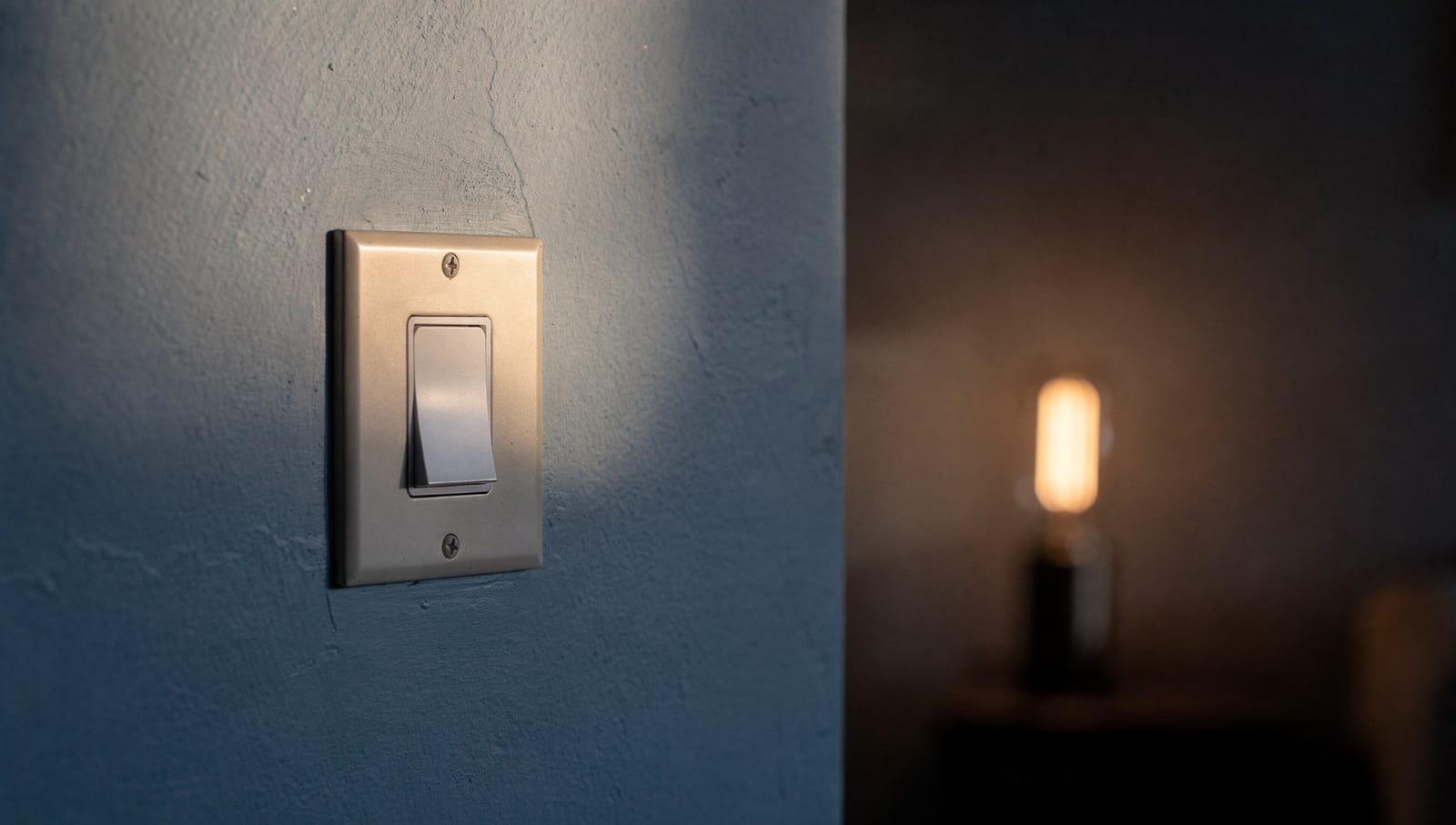 A close view of a wall switch and outlet with a faint warm glow, a lamp softly lit in the background