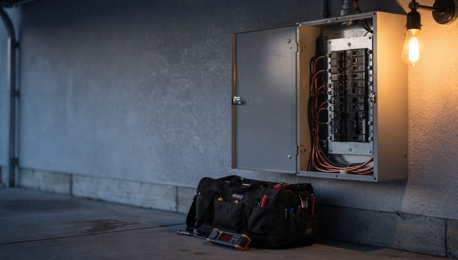 An open residential breaker panel warmly lit in a Front Range garage at dusk, an electrician's tool bag and voltage tester below